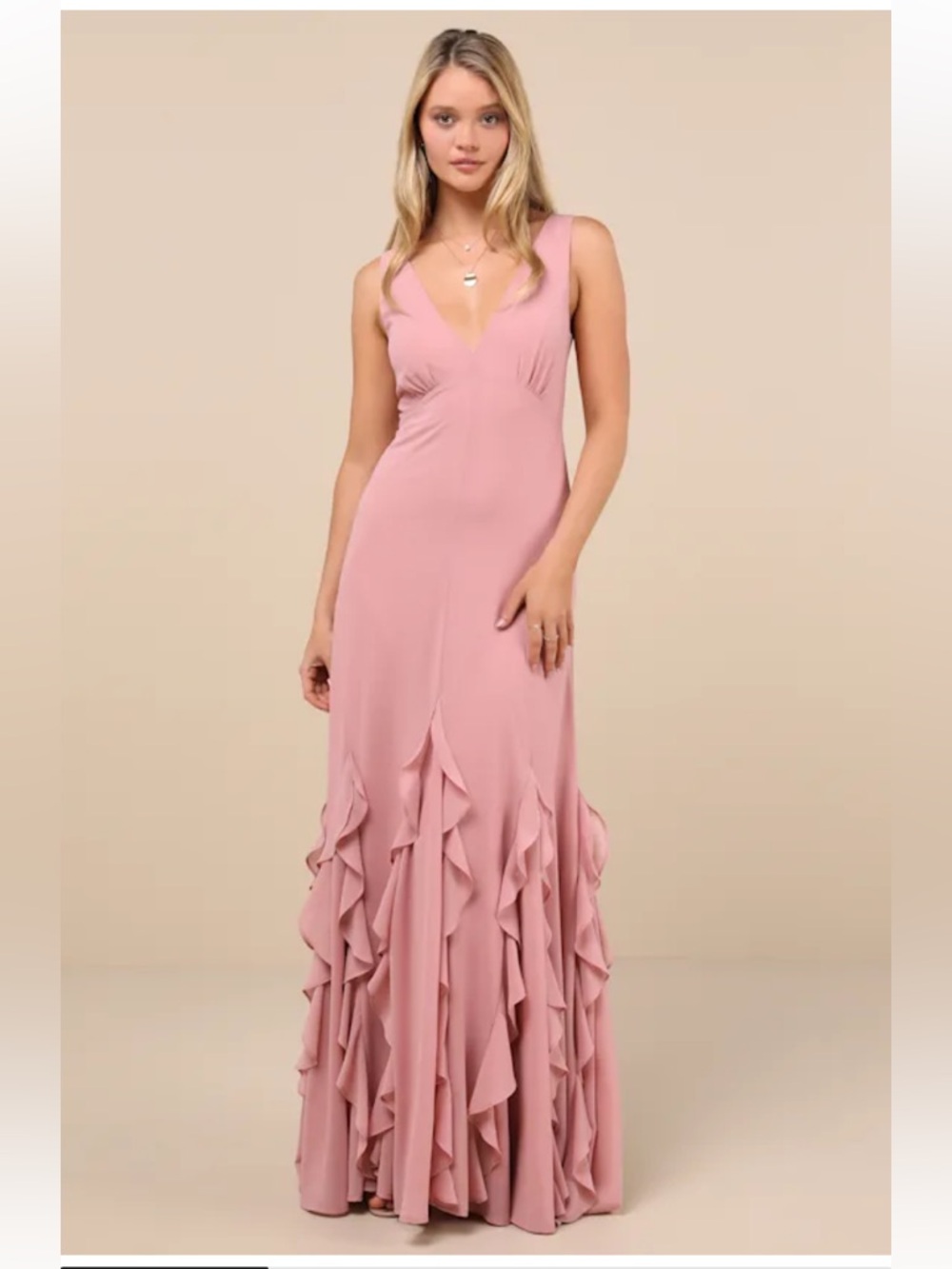 Lulus NWT size L Alorna Rose Pink Sleeveless Ruffled Maxi Dress